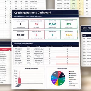 Pode incluir: Uma coleção de planilhas digitais com dados relacionados ao coaching de fitness. As planilhas incluem planos de treino, rastreadores de progresso, listas de clientes, registros de sessões e um painel de negócios de coaching. O painel exibe métricas como receita e números de clientes.