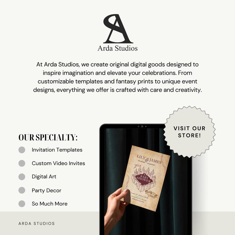 May include: A digital invitation template for a baby shower is held in front of a tablet. The invitation is designed with a vintage parchment style and features the text "Lily & James Baby Shower". The image also includes the text "Visit Our Store!" and "Arda Studios".