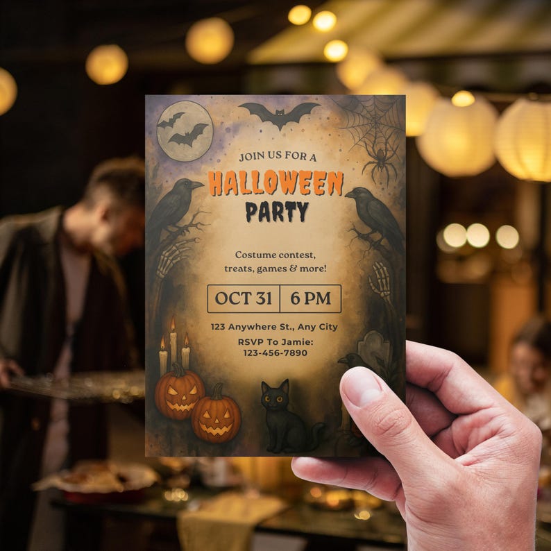 May include: A Halloween party invitation with a vintage design. The card features a bat, spiderweb, and raven illustrations. Text includes "Halloween Party," date, time, and RSVP information. Pumpkins and a black cat are also featured.