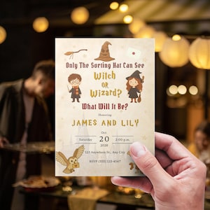 May include: A rectangular invitation card with a whimsical design. The text reads "Only The Sorting Hat Can See Witch OR Wizard?" with illustrations of a witch, wizard, and owl. The card is for James and Lily, with date and RSVP information.