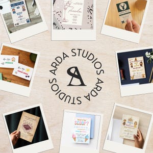 May include: A collection of various invitation cards and stationery items, including designs for a gender reveal, a bachelorette party, and a baby shower. The cards feature illustrations and text, with a central logo reading "ARDA STUDIOS".