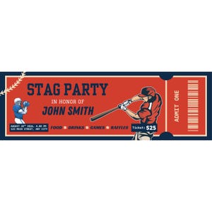 May include: A rectangular ticket design with a red background and navy blue borders. The text "STAG PARTY" is displayed in large, bold letters. The ticket includes illustrations of a baseball player and a football player.