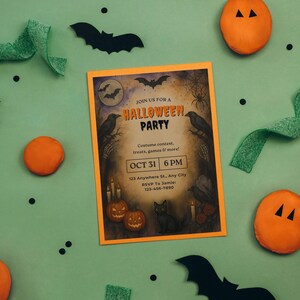 May include: A Halloween party invitation with orange and black accents, featuring bats, pumpkins, and green ribbon on a green background. The invitation reads "Join us for a Halloween Party" with the date and time.