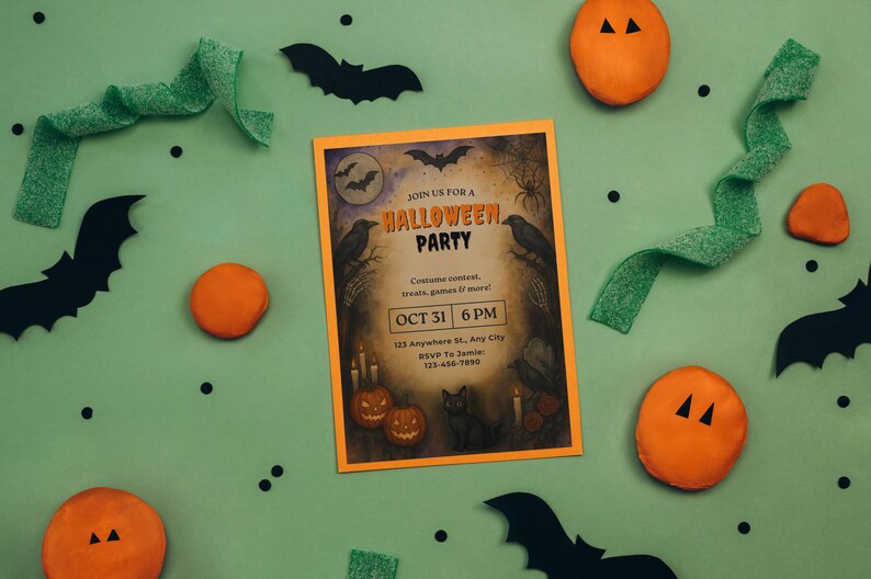 May include: A Halloween party invitation with orange and black accents, featuring bats, pumpkins, and green ribbon on a green background. The invitation reads "Join us for a Halloween Party" with the date and time.