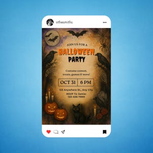 May include: Halloween party invitation on a social media template. The design features a spooky theme with bats, crows, pumpkins, and a black cat. The text reads "Join us for a Halloween Party" with date, time, and RSVP information.