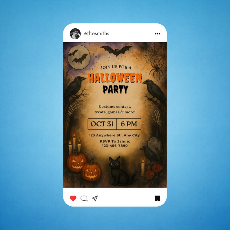 May include: Halloween party invitation on a social media template. The design features a spooky theme with bats, crows, pumpkins, and a black cat. The text reads "Join us for a Halloween Party" with date, time, and RSVP information.