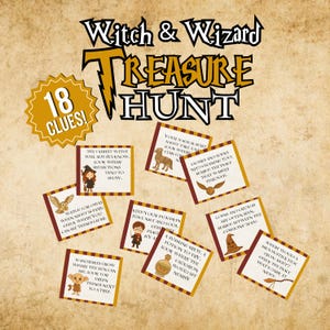 Puede incluir: Un juego de búsqueda del tesoro con el texto "Witch & Wizard Treasure Hunt" y "18 pistas!" sobre un fondo de pergamino. El juego incluye tarjetas de pistas ilustradas con texto e imágenes de una bruja, un búho y otros elementos mágicos.