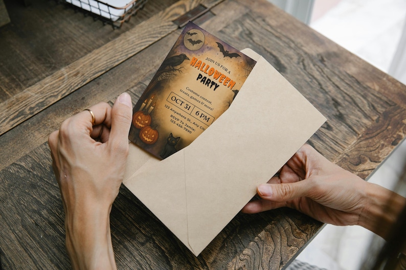 May include: A Halloween party invitation card in a beige envelope. The card features a spooky design with pumpkins, bats, and a raven. The text reads "Join Us For A Halloween Party" and includes the date, time, and address.