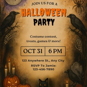 May include: Halloween party invitation with bats, crows, pumpkins, and a black cat. The invitation includes the text "Join us for a Halloween Party" and event details: October 31st at 6 PM.