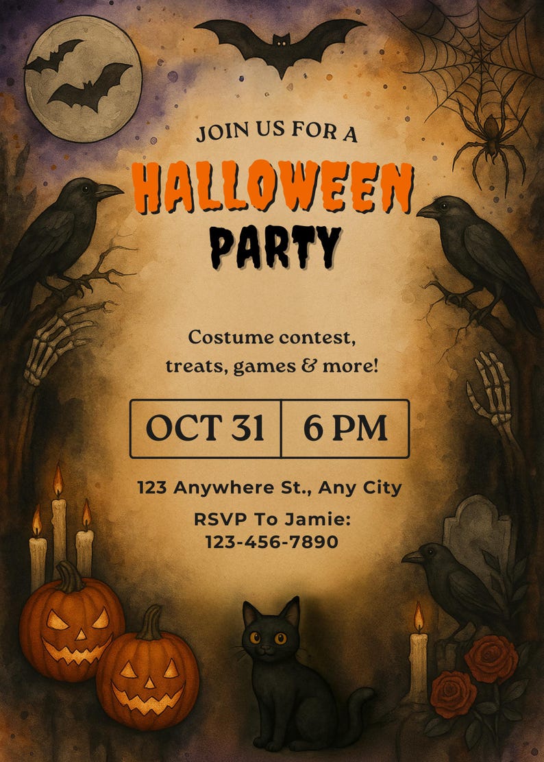 May include: Halloween party invitation with bats, crows, pumpkins, and a black cat. The invitation includes the text "Join us for a Halloween Party" and event details: October 31st at 6 PM.