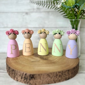 Personalised peg dolls, floral nursery decor, name sign, wooden letter, wooden peg doll, mulberry paper roses, personalised nursery decor