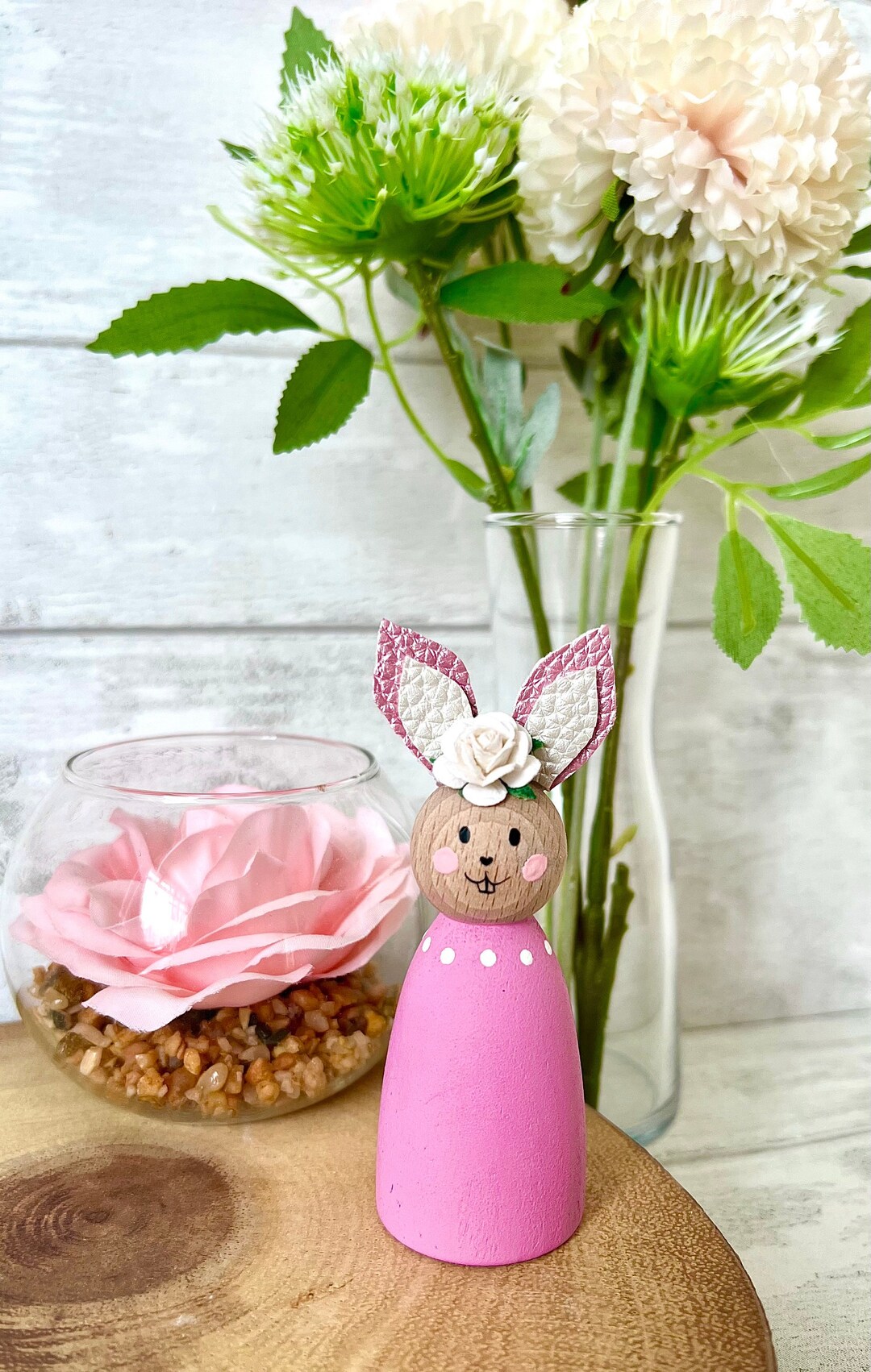 Wooden Bunny Peg Doll, Flower Bunny Peg Doll, Rabbit Peg Doll, Wooden ...