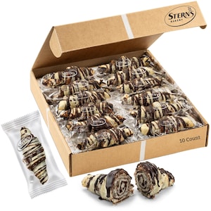 May include: A cardboard box filled with individually wrapped chocolate croissants. The box is labeled "Stern's Bakery" and "10 Count". One croissant is shown outside the box, and another is cut in half.
