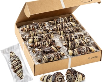 May include: A cardboard box filled with individually wrapped chocolate croissants. The box is labeled "Stern's Bakery" and "10 Count". One croissant is shown outside the box, and another is cut in half.