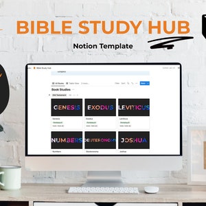 May include: A computer screen displaying a Notion template for a Bible study hub. The template is organised by book of the Bible, with each book having its own section. The screen is on a desk with a plant and a cup.
