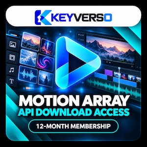 Puede incluir: Un gráfico digital para Keyverso Motion Array API Download Access con una membresía de 12 meses. El diseño muestra un icono de botón de reproducción azul brillante, una interfaz de edición de video con miniaturas de paisajes y una onda sonora.