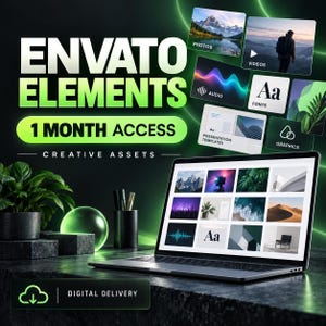 May include: A laptop displaying a grid of images sits on a dark surface next to a potted plant and a pen holder. The text reads ENVATO ELEMENTS 1 MONTH ACCESS CREATIVE ASSETS. Floating panels show icons for photos, videos, audio, fonts, and graphics.