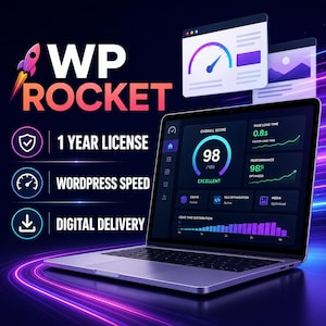 May include: A laptop displaying a WP Rocket dashboard with a 98 overall performance score, 0.8s page load time, and 98% optimization. Text includes 1 YEAR LICENSE, WORDPRESS SPEED, and DIGITAL DELIVERY, accompanied by a rocket icon and speed gauge.
