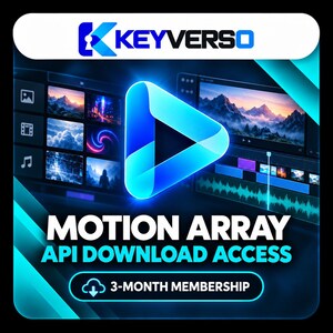 以下が含まれることがあります： 上部にKEYVERSOの文字、中央に光る青い再生ボタンのアイコン、MOTION ARRAY API DOWNLOAD ACCESSの文字が配置されたデジタルグラフィック。下部には、クラウドのダウンロードアイコンと共に3-MONTH MEMBERSHIPと書かれたボタンがある。