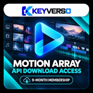 Könnte beinhalten: Eine digitale Grafik für den Keyverso Motion Array API-Download-Zugang mit einem leuchtend blauen Play-Button-Symbol, Videobearbeitungs-Oberflächenelementen und einem 9-monatigen Mitgliedschafts-Label auf dunklem Hintergrund mit Cyan-Akzenten.