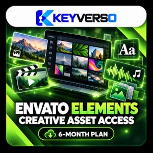 Może przedstawiać: Grafika cyfrowa z napisem KEYVERSO na górze oraz ENVATO ELEMENTS CREATIVE ASSET ACCESS 6-MONTH PLAN na dole. Ekran laptopa wyświetla siatkę różnych obrazów, otoczoną unoszącymi się ikonami tekstu, dźwięku i plików multimedialnych.