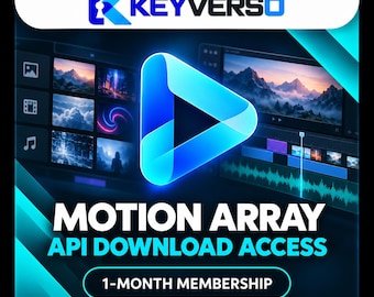 Könnte beinhalten: Eine digitale Grafik mit dem Text KEYVERSO oben, einem zentralen leuchtend blauen Play-Button-Symbol und dem Text MOTION ARRAY API DOWNLOAD ACCESS 1-MONTH MEMBERSHIP darunter. Der Hintergrund zeigt Elemente einer Videoschnitt-Benutzeroberfläche.