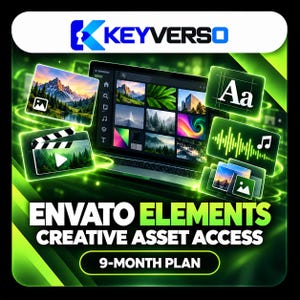 Może przedstawiać: Grafika cyfrowa z tekstem KEYVERSO, ENVATO ELEMENTS CREATIVE ASSET ACCESS oraz 9-MONTH PLAN. Obraz przedstawia ekran laptopa z różnymi miniaturami multimediów, w tym krajobrazami, sztuką abstrakcyjną oraz ikonami wideo, audio i tekstu.