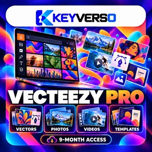 May include: A digital promotional graphic for Vecteezy Pro featuring a laptop displaying a grid of colourful images, floating icons for vectors, photos, videos, and templates, with the text Keyverso, Vecteezy Pro, and 9-Month Access on a neon background.