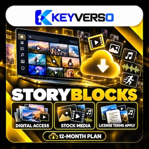 May include: A digital graphic featuring the text KEYVERSO and STORYBLOCKS. A laptop displays a grid of video thumbnails next to a glowing gold cloud download icon. Below, three boxes labeled DIGITAL ACCESS, STOCK MEDIA, and LICENSE TERMS APPLY.