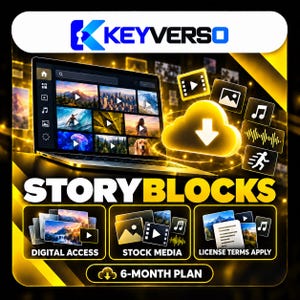Peut inclure: Un graphique promotionnel numérique pour Keyverso Storyblocks montrant un ordinateur portable avec une bibliothèque vidéo, une icône de téléchargement en nuage lumineuse et les textes Digital Access, Stock Media, License Terms Apply et 6-Month Plan.