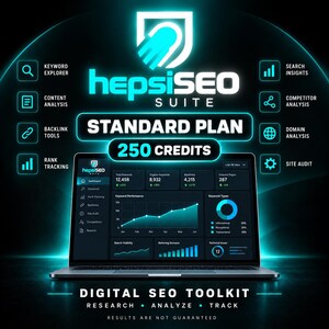 May include: A laptop displaying the hepsiSEO SUITE dashboard with data charts, surrounded by text labels including Keyword Explorer, Content Analysis, Backlink Tools, Rank Tracking, Search Insights, Competitor Analysis, Domain Analysis, and Site Audit.