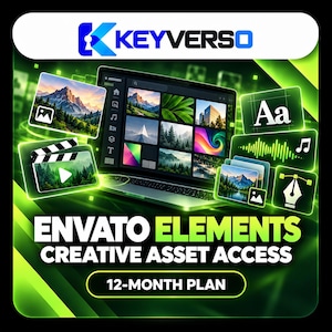 Puede incluir: Un gráfico digital con el texto KEYVERSO, ENVATO ELEMENTS CREATIVE ASSET ACCESS y 12-MONTH PLAN. La imagen muestra la pantalla de un portátil con una cuadrícula de varias imágenes, rodeada de iconos flotantes que representan texto, audio y diseño.