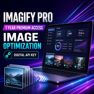 Puede incluir: Un listado de producto digital para Imagify Pro 1 Year Premium Access Image Optimization con una clave API digital. La pantalla muestra un panel con estadísticas de optimización, incluyendo el total de imágenes, espacio ahorrado y gráfico.