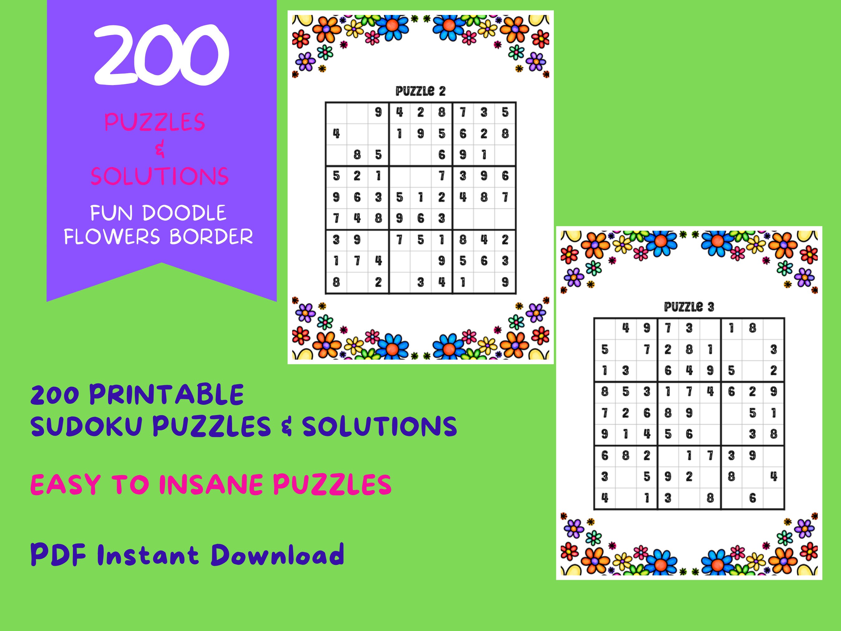 printable sudoku puzzles solutions 200 puzzles etsy