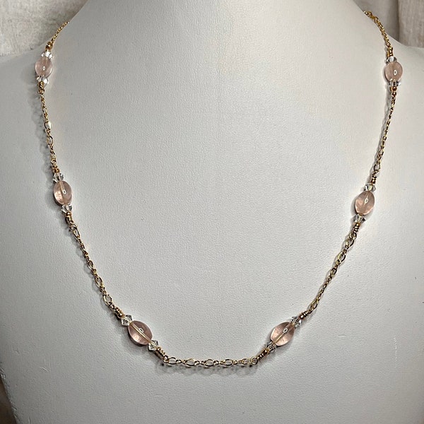 Beautiful Rose Quartz and Crystal "Tin-cup" Style Necklace With Gold-fill Chain