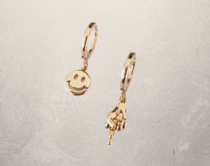 A Bit of Both Gold Filled Smiley Face and 3D Middle Finger Earrings