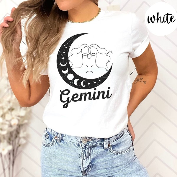 Gemini Zodiac Sign Shirt, Celestial Crescent Moon Girl Tee, Cute Horoscope TShirt, Mystical Astrology Air Sign, Vintage Star Constellation