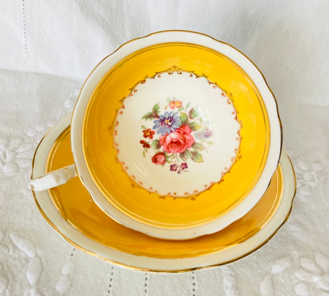 Aynsley Teacup and Saucer Set/ Gold Yellow With Flowers/ Fine Etsy