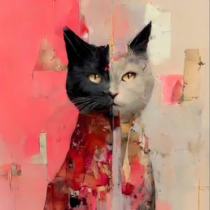 May include: An artistic painting of a cat, split vertically with one side black and the other white. The cat's eyes are yellow, and the background features pink and beige brushstrokes, creating a modern art aesthetic.