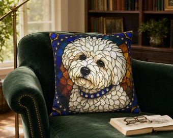 Cloud & Collar | Stained Glass Bichon Frise Velvet Cushion | Mosaic White Dog Throw Pillow | Bichon Mom Gift