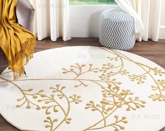 White Gold Floral Round Hand tufted Rug,Loop-Cut Pile Rug,Wool Round Rug,Floral Round Rug,soft rug,Area Rug,4x4,5x5,6×6,7×7,8×8,9x9,10x10.
