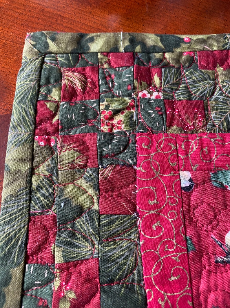 Cotton Quilted Free Shipping Lovely Chickadee Table Topper in Cranberry and Olive Green in Christmas prints 34L by 14 1/2 W Hand made