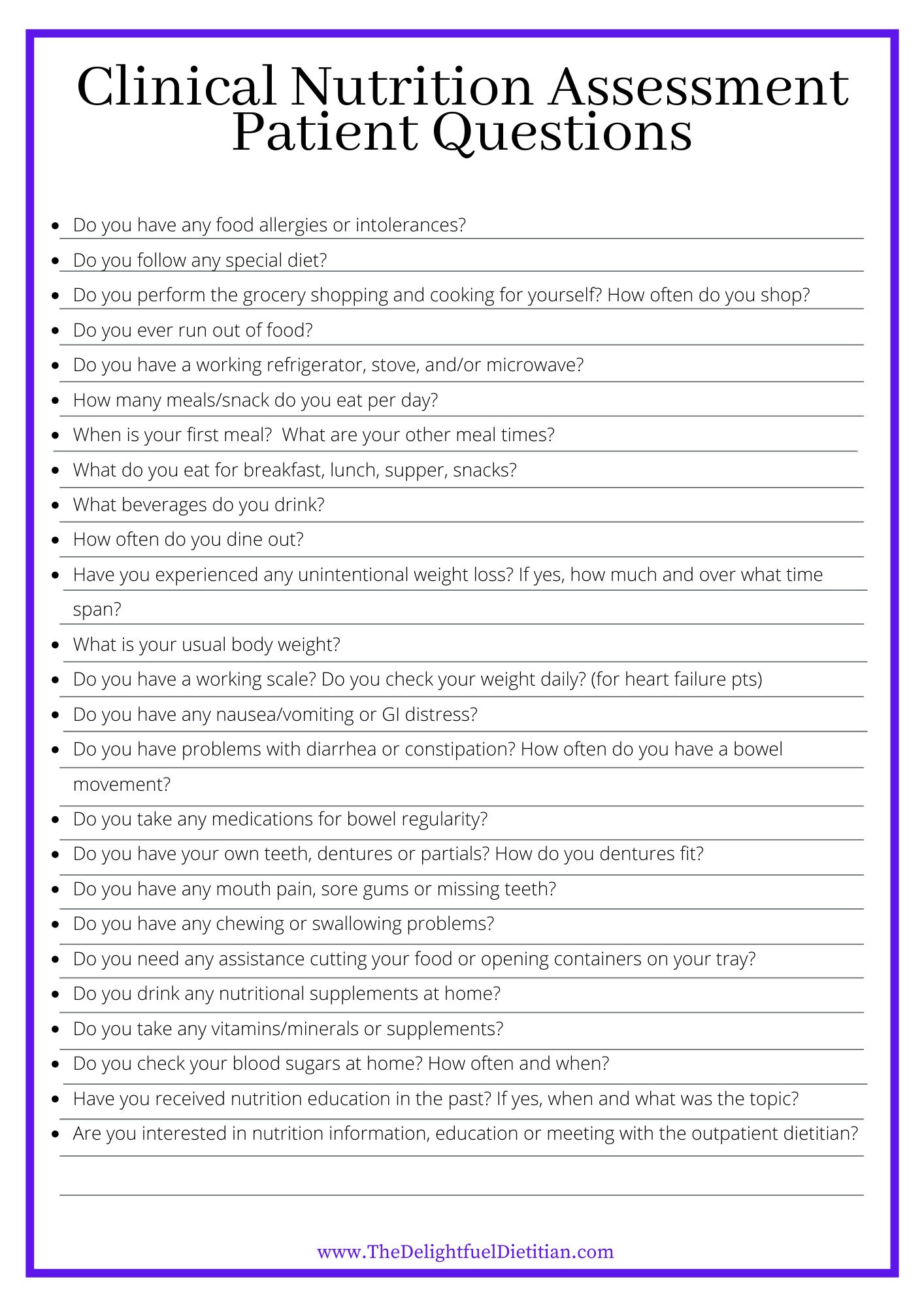 Clinical Nutrition Patient Questionnaire Etsy