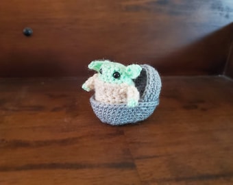 Mini Crocheted Baby Yoda In Floating Pram