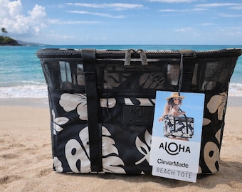 Aloha, Clevermade Black Island Foliage Collapsible Beach Tote