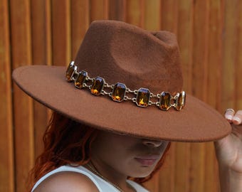 Unisex Gemstone Glam Rust Fedora, Big Wide Brim Fedora Hats for Women Men Western Boater Hat Large Felt Panama Hat Rancher Hat