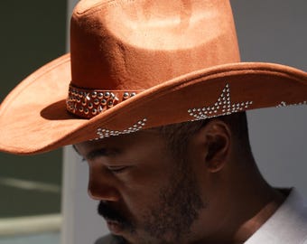 Unisex Faux Suede Brown Star Stud Design Cowboy Hat