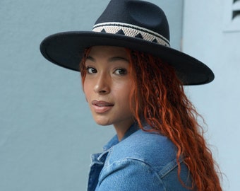 Black Val Diamond Fedora Hat with Band Details, Big Wide Brim Fedora Hats for Women Men Western Boater Hat Large Felt Panama Hat Rancher Hat