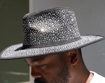 Black Rhinestone Studded Wide Brim Hat for Men & Women for Party