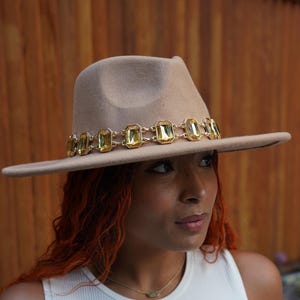 Unisex Gemstone Glam Camel Fedora, Big Wide Brim Fedora Hats for Women Men Western Boater Hat Large Felt Panama Hat Rancher Hat